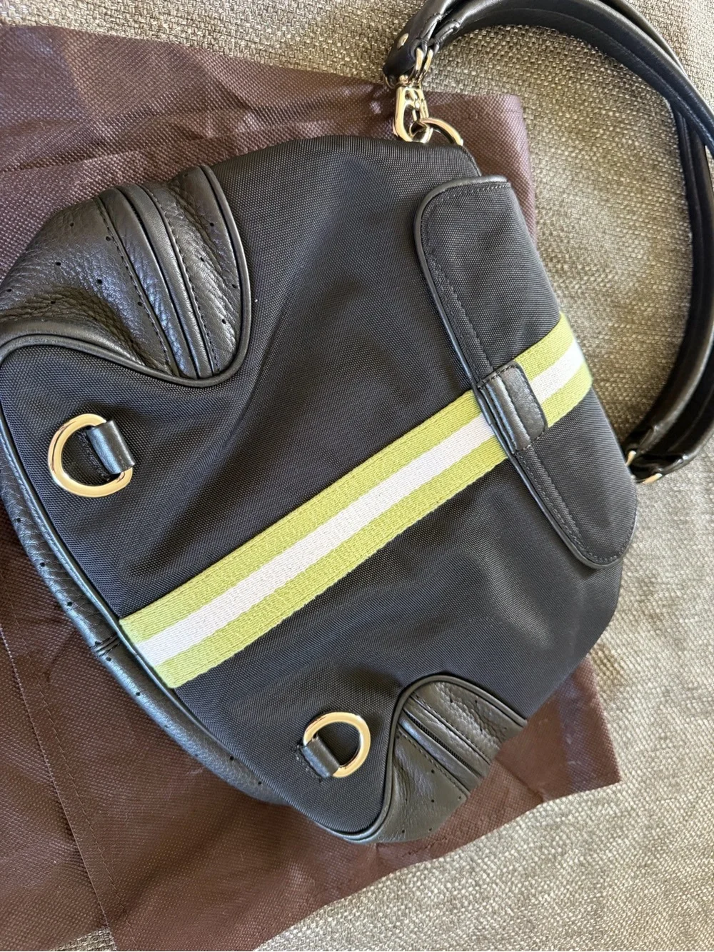 Cole Haan Black Nylon Messenger Bag with Lime and White Stripe